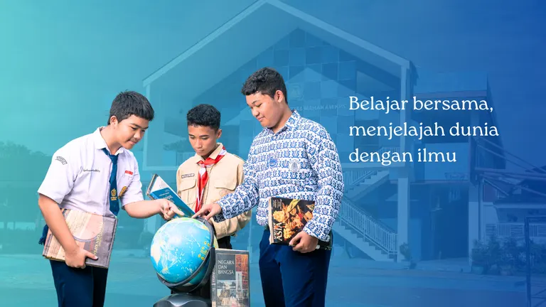 Banner sekolah: guru dan siswa dengan globe, bertuliskan Belajar bersama, menjelajah dunia dengan ilmu