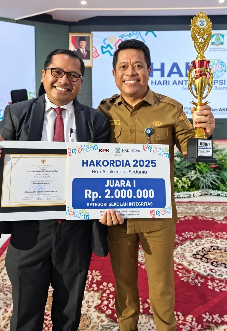 Perwakilan SMP Nasional KPS memegang piagam dan papan Juara I kategori Sekolah Integritas HAKORDIA 2025, didampingi pejabat yang memegang piala